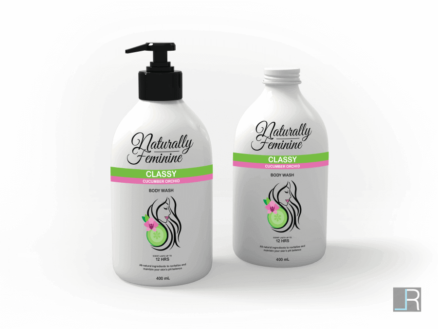 Naturally Feminine Classy Cucumber Orchid Scent Body Wash Package (English Front Side): An illustrative woman with a cucumber and orchid flower nested in her hair